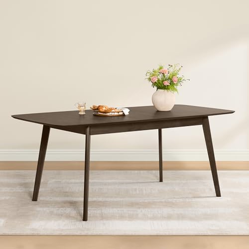 Image of CHITA 59 inch-75 inch Extendable Dining Room Table for 4-6, Modern Wood Dining Table for Small Spaces, Kitchen, Space Saving Hidden Leaves, Solid Rubberwood Frame, Walnut Veneer