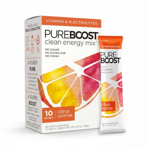 Image of Pureboost Sugar-Free Clean Energy Booster, Citrus Sunrise 10 Count, Refreshing Energy Drink Mix with B12 Vitamins, Electrolytes, Antioxidants, No Sucralose