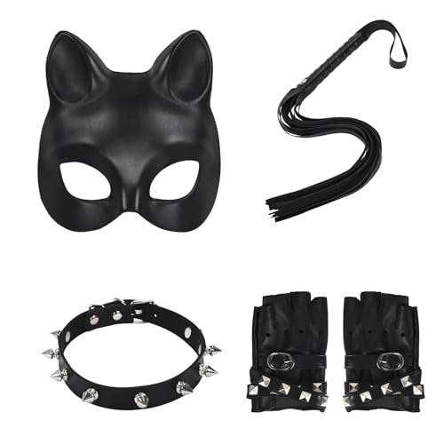 BADALU Cat woman Costume Accessories for Women - Halloween Mask Half-Finger Leather Gloves Choker Leather Whip Outfit Set for Adult Cosplay Party (Style2)