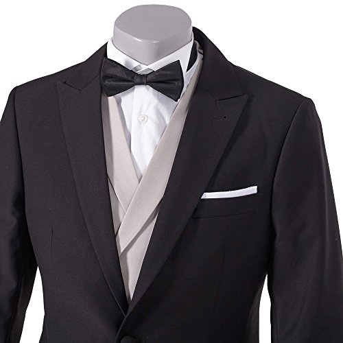HBDesign Mens 3 Piece 1 Button Black Long Pattern Suit Jacket+Beige Vest+Grey Striped Pants3