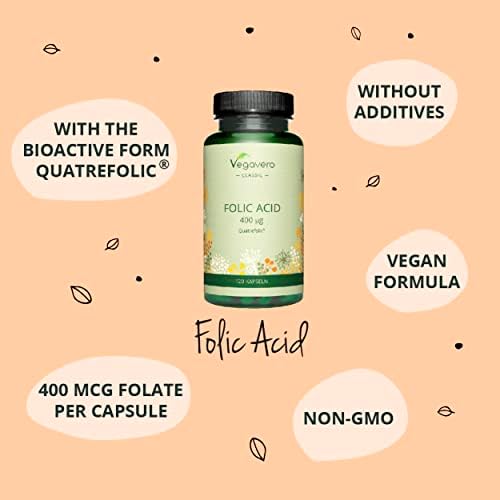 Methyl Folate Vegavero® 400mcg | Natural Folic Acid Tablet Alternative | NO Additives | Vitamin B9 Quatrefolic® (5-MTHF) Pregnancy, Preconception, Maternal Tissue Growth, 120 Vegan Capsules