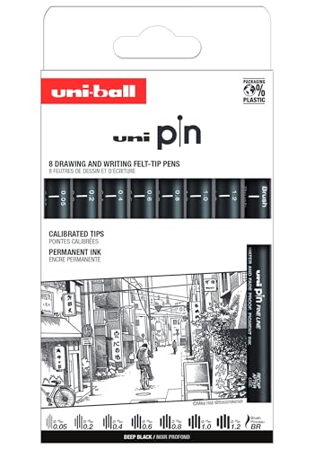uni-ball - Mitsubishi Pencil - Pochette de 8 Feutres Uni Pin - Pointes Calibrées Ultra-Fines à Larges et Brush - Encre Noire - Pair