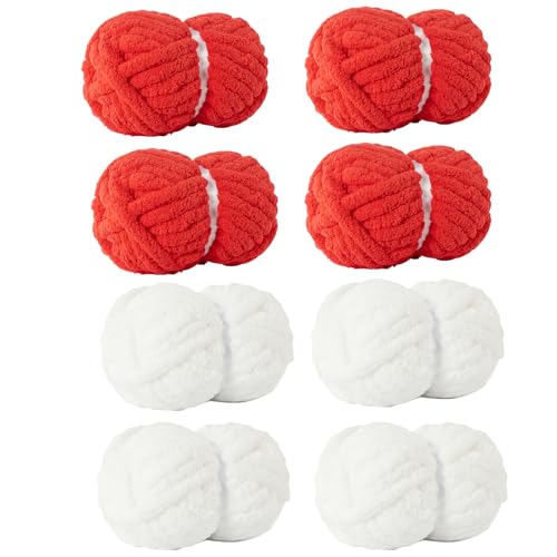 Image of Chunky Yarn for Hand Knitting Soft Jumbo Bulky Fluffy Chenille Yarn for Crocheting Blanket Scarf DIY 8 Pack (Red+White, 28yds, 8 Ounces Each)