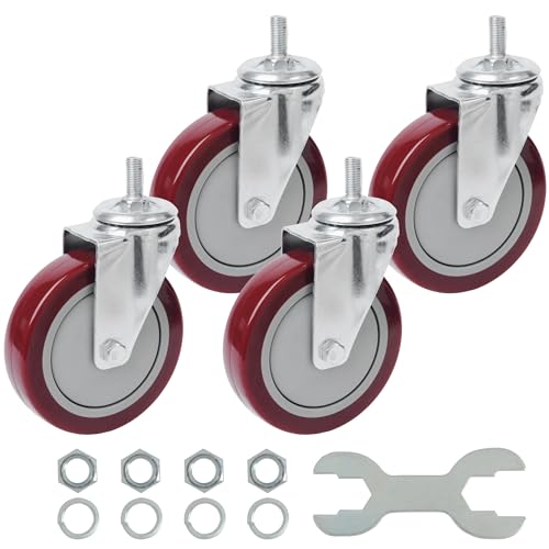 Image of Finnhomy Swivel Caster Wheels 5 Inch Threaded Stem Casters Set of 4 Heavy Duty 1/2"-13 x 1 Anti-wear Polyurethane Industrial Castor Wheels for Cart/Furniture Load Bearing 2200 Lbs Smooth Casters Red