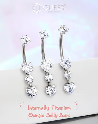 OUFER Titanium Belly Button Rings, Heart Belly Rings Dangling, Internally Threaded Belly Button Piercings, Long Dangle Navel Piercing Jewelry, Belly Rings for Women3