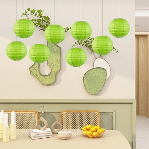 Image of Green Chinese Paper Lanterns with LED Lights, 10-Pack 10inch | Hanging Lights for St. Patrick's Day, Garden Party, Birthday Decorations, Ceiling Decor, Home Party & Baby Shower