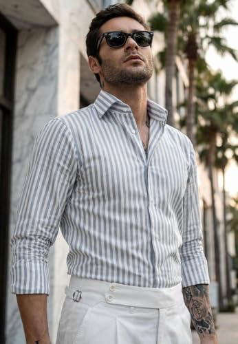 Image of IndoPrimo Men's Striped Shirt | Premium Slim Fit Full Sleeve Formal Casual Shirt | Button-Down Cotton Shirt for Office