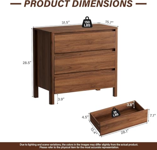 Image of Furniway Walnut 3 Piece Bedroom Set, 5 Drawer Dresser and Nightstands | Includes two 3 drawer nightstands with a Mid Century Modern handleless wood grain design for coordinated bedroom storage