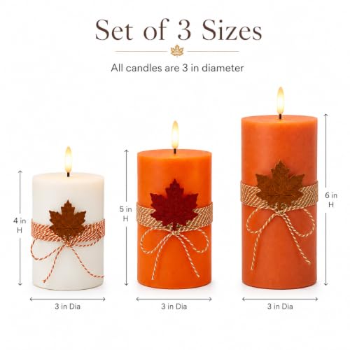 Image of Real Wax Flameless Candles 4 inch 5 inch 6 inch Set of 3 Indoor Outdoor Pillars Battery Operated Flickering Candles 3D Wick with Remote for Fall Decor Thanksgiving Day