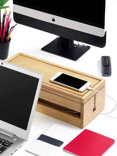 Image of Cable Management Box Wooden Cord Organizer Box for Extension Cord Power Stripe Surge Protector Wire Management Concealer Organizer Cover Hider for Desktop Home Office. (Pack of 2)