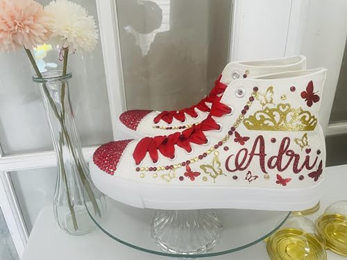 Quinceanera Sneakers Red Gold Butterfly - 15 Birthday personalized Shoes with butterflies - Zapatillas de 15 Rojas y Doradas Customized Tennis - Dancing Fiesta Mis 15th Party Gift (5)4