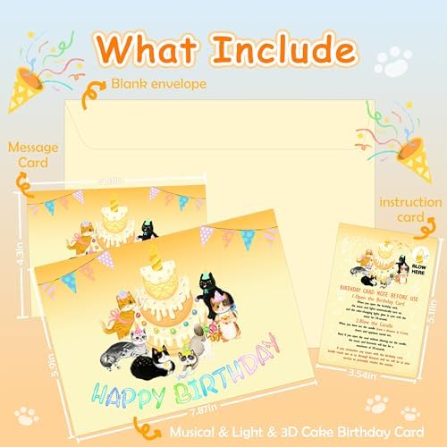 Shellspace Birthday Cards, Cat MUSIC & LIGHTS & BLOWABLE CANDLE 3D Pop up Firework Happy Birthday Card, Funny Birthday Gifts for Women Men Cat Lover Kids Wife Husband Sister Friends Meow Cat - 1