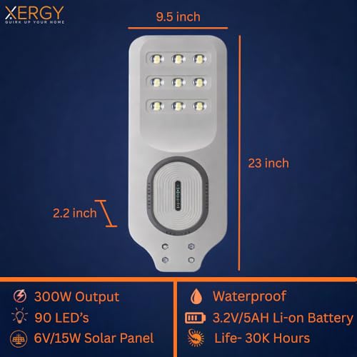 Image of XERGY 300W Solar Street Light with Remote & Metal Arm, 5000mAh Battery, Motion Sensor, Commercial Grade, Battery Display, Outdoor Waterproof Security Light for Street, Garden Large Size-23x9.5 inch