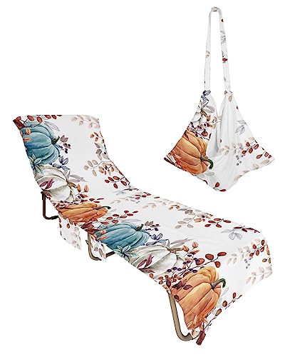 Multi Pumpkins, Beach Lounge Chair Towel Cover, Soft Chaise Lounge Towel with Side Pockets Patio Pool Chairs Cover for Beach/Pool Sunbathing 29x85 Chic Eucalyptus Leaves Fall Teal Pumpkins