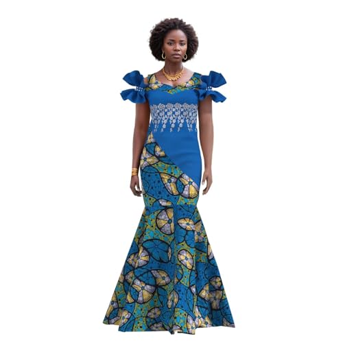 Image of iooiooi Womens Elegant Ankara Maxi Mermaid Dress Lace Decorated African Gowns