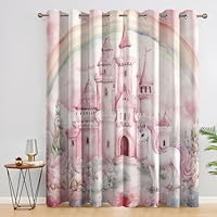 Princess Castle Curtains Bedroom, 46 x 54 - Pink Unicorn Blackout Curtains & Decor, Living Room, Eyelet Patterned Window Drapes, 54 Inch Drop 2 Panels （GW140）