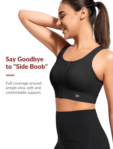 Image of Yvette High Impact Front Closure Sports Bras for Women Plus Size Racerback Running Sports Bra with Hollow-Out Design,Jet Black,M+
