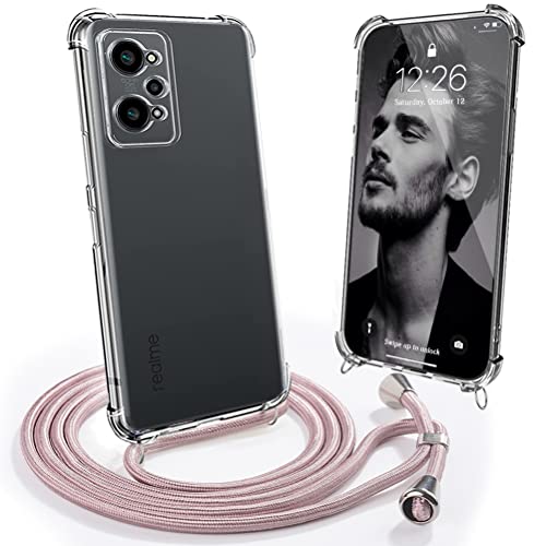 Mkej Funda para Realme GT Neo 2 con Cuerda, Realme GT Neo 2 Carcasa Transparente TPU Suave Silicona Case con Correa Colgante Ajustable Collar Correa de Cuello Cadena Cordón, Oro Rosa Cover
