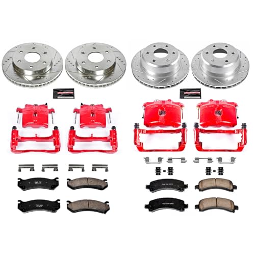 Image of PowerStop Front and Rear Brake Kit for Cadillac Escalade 2003-06 |Chevrolet Avalanche 1500 2003-06 - Carbon-Fiber Ceramic Brake Pads + Drilled & Slotted Rotors + Red Powder Coated Calipers, KC2016