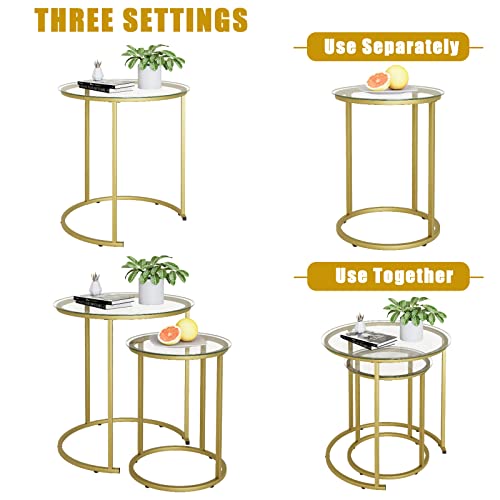 Azheruol Nesting Coffee Table Set Of 2,Modern Gold Tempered Glass Side Table, Metal Frame Round End Table.small Glass Tea Table For Living Room,Bedroom Studio Apartment Essentials，23.2In #TOP6