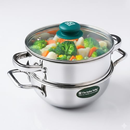 Image of The Indus Valley Triply Stainless Steel Cookware Set of 3 | 20cm Triply Deep Kadai (2.2L) and Stainess Steel Steamer with Common Glass Lid | Induction Base | Multipurpose Cooking - Steam, Fry, Boil & Cook | Perfect for Momos, Dum & Curries