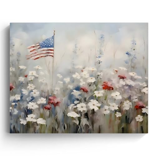 Image of Memorial Day Wall Art, White Flower Field with American Flag Print, Soft Pastel Patriotic Landscape Poster, Rustic Framed Print Oil Painting for Farmhouse and Summer Independence Decor 16x20inch