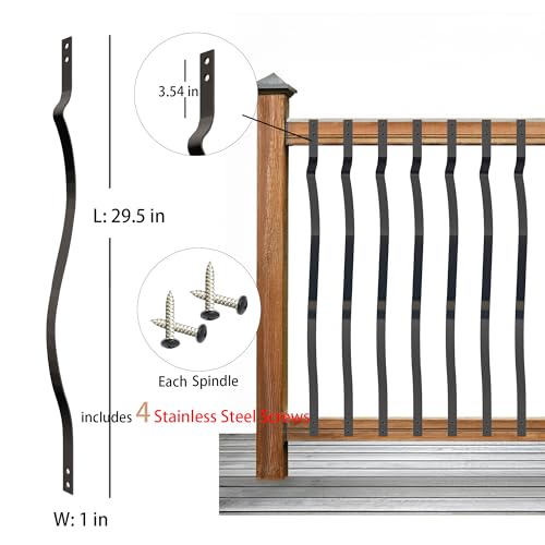 Zonegrace 30 Pack 29.5\" Wave Arc Metal Deck Railing Spindles, Heavy Duty Matte Black Deck Spindles with Stainless Steel Screws, Metal Deck Rails Balusters Outdoor - Thumbnail 3