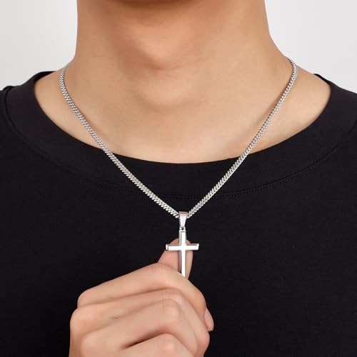 Image of Fiusem Silver Tone /Black /14K Gold Plated Cross Necklace for Men, Beveled Edge Pandent Mens Necklace, 3.5MM Stainless Steel Cuban Chain, 16-24 Inches Jewelry Gifts