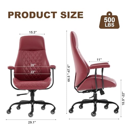 Image of E-Motie Leather Office Chair, Mid Century Modern Desk Chair, Red | Ergonomic, Lumbar Support, 360 Swivel & Rolling Wheels, Adjustable Height, for Adults & Women