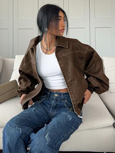 Chic and Cozy: Women's 2025 Fall Winter Coffee Brown PU Leather Jacket - Small Size - Image 6