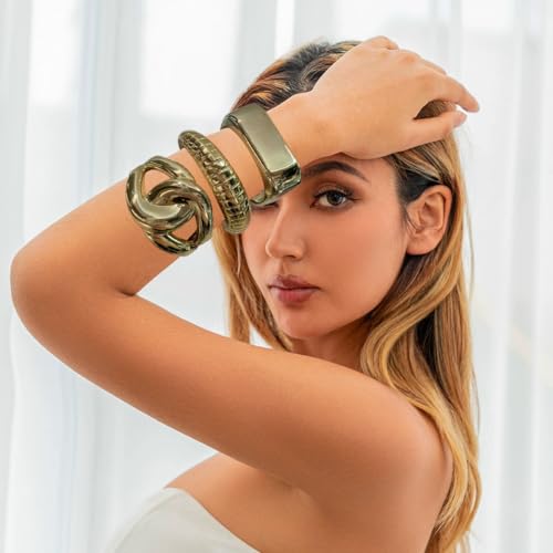 3PCS Chunky Gold Cuff Bangle Bracelets For Women Trendy Irregula Open Bangle Bracelets Set Gold Statement Minimalist Jewelry for Women2