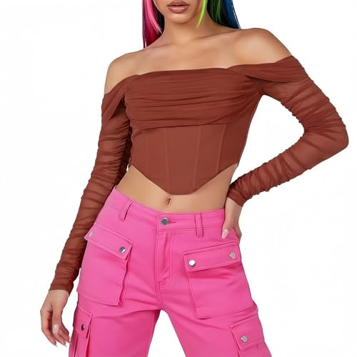 JSXZMMSM Womens Off The Shoulder Corset Top Sexy Mesh Long Sleeve Boned Bustier Concert Cute Going Out Tops (US, Alpha, Medium, Regular, Short, Brown)