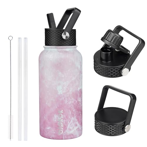 Image of BJPKPK Insulated Water Bottles with Straw Lid, 27oz Stainless Steel Water Bottle with 3 Lids, Leak Proof BPA Free Metal Thermo, Mugs, Tumblers, Keep Cold Hot - Blossom
