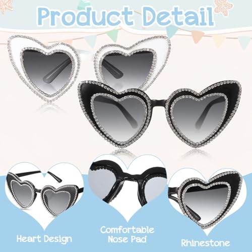 Larrel Rhinestones Heart Sunglasses for Women, 2 Pcs Vintage Wedding Sunglasses Bridal Party Sunglass Couple Gifts for Women Girls Adults Dress up Bachelorette Party Decorations(Black, White)3