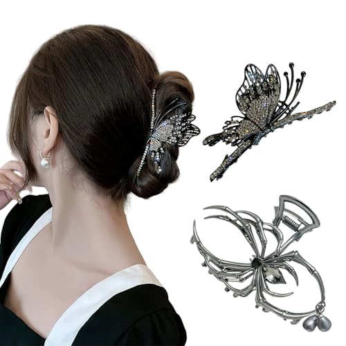 2PCS Large Metal Spider Black Butterfly Hair Claw Clips for Women and Girls, Halloween Gothic Hair Claw Clips for Styling Hair Accessories Cosplay Party Decorations (Style D)
