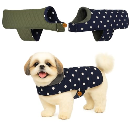 Image of Sage Square Dual-Sided Polka Dot Dog Jacket - Protective Cold-Weather Gear for Pets, Lightweight, Cushioned, Designed for Warmth & Comfort Indoors or Outside (Polka Navy Blue, XS - 12 Inch)