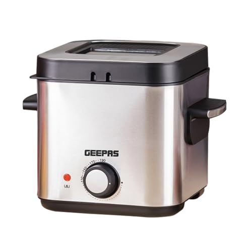 GEEPAS 1.5L Deep Fat Fryer | Adjustable Thermostat 0–190°C Viewing Window Mesh Filter Indicator Light | Cool-Touch Handle Non-Stick Inner Pot | 900W Compact Kitchen Fryer | 600g Food Capacity