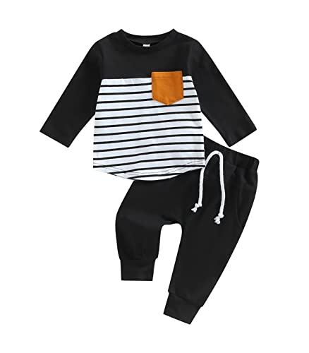 Image of Baby Boy Clothes 3 6 9 12 18 24M 3T Pants Set Hooded Patchwork Hoodie Striped Sweatpants Fall Winter Outfit