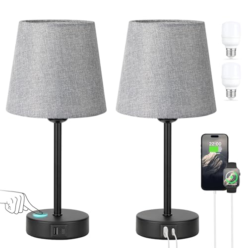 Aooshine Grey Touch Bedside Lamps Set of 2, 3 Way Dimmable Table Lamps for Bedroom, Black Base, Grey Linen Shade(Bulbs Included)