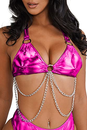 Rave Outfits For Women - Metallic Holographic Body Chain Harness Top High Waist Bottom Festival Dance Bikini Set(Rose,Xs,1314E) #TOP2