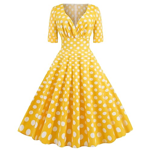 50er Rockabilly Petticoat Kleider Damen Retro Tupfen Druck Abendkleid Quadratischer Kragen Kurzarm Swing Kleid Partykleid Mit Bogen Knöpfe Ballkleid...