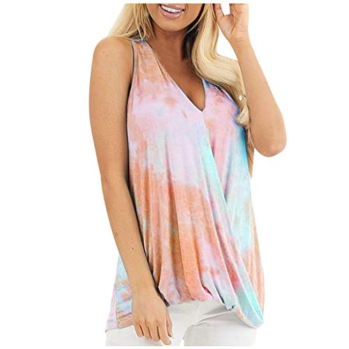 Color Block Tie-Dye Summer Tops for Womens Sleeveless Crew-Neck Casual Tanks Tops Orange