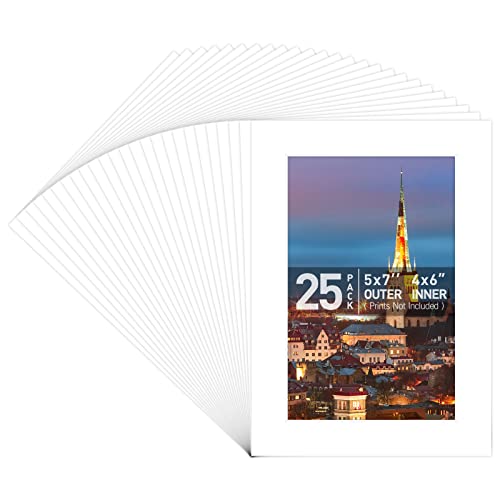 Golden State Art, Pack Of 25, 5X7 White Picture Mats Mattes With White Core For 4X6 Pictures #TOP21