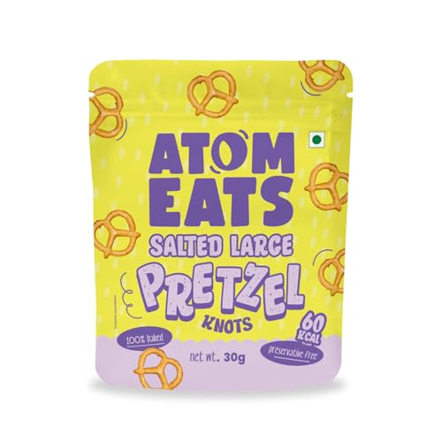 Image of Atom Eats | Salted Pretzel Large Knots 30g | 100% Baked | Savoury Snack for Coffee, Wine, Desserts & Gifiting | Crunchy and Salty | Imported Quality | Classic American Snack