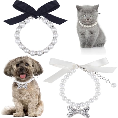 2 Pieces Cute Small Dog Cat Pearl Collars Necklace Set with Crystal Rhinestone for Puppy Kitten Wedding Birthday Party Black Bow Tie M