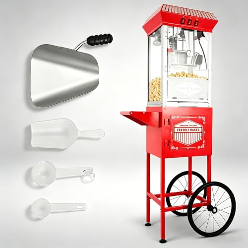 Image of Commercial Popcorn Machine with Cart - 12-Ounce Kettle Popcorn Makers with Heating, 3-Switch Control,Large Capacity for Home Party, Movie Theath, Office, Schools, Carnival, Christmas, Red