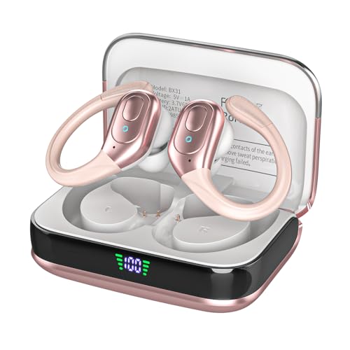 sajawass Wireless Earbuds Bluetooth 5.4 Headphones, Noise Canceling Ear Buds with 75hr Playtime, LED Power Display, IPX7 Waterproof Earphones Over-Ear Earphones for Sports/Workouts - Rose Gold
