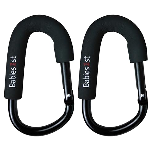 Babies1st Kinderwagen Karabiner Groß 14 cm, Kinderwagen Haken für Wickeltasche, Wickelrucksack, Laufrad, Rollstuhl, Kinderwagenkarabiner Premium Black Edition 2er Set