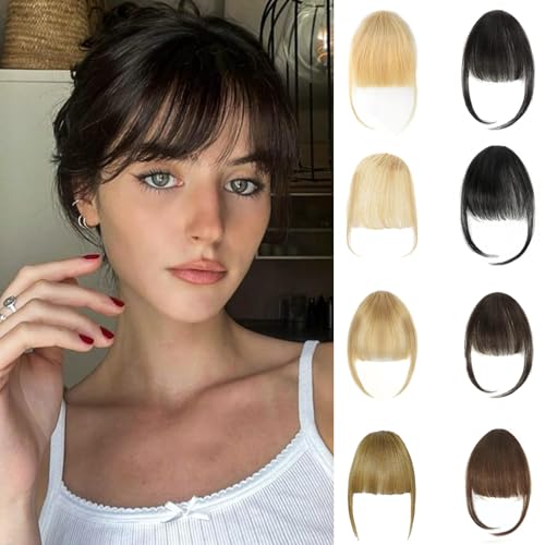 Alaleibaby Clip In Fringe Bangs Brown Black 100% Real Human Hair Bangs Clip in Hair Extensions Natural curved French bangs With Temples Short Hairpieces Natural Curved French Bangs