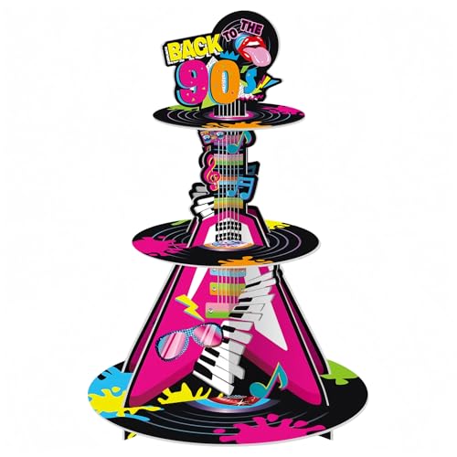 Shamoparty Estantería para cupcakes de los años 90, 3 pisos, retro, años 90, decoración para fiestas, temática de discoteca, cumpleaños, retro, hip hop, postre, fiesta, rock, artículo de cumpleaños